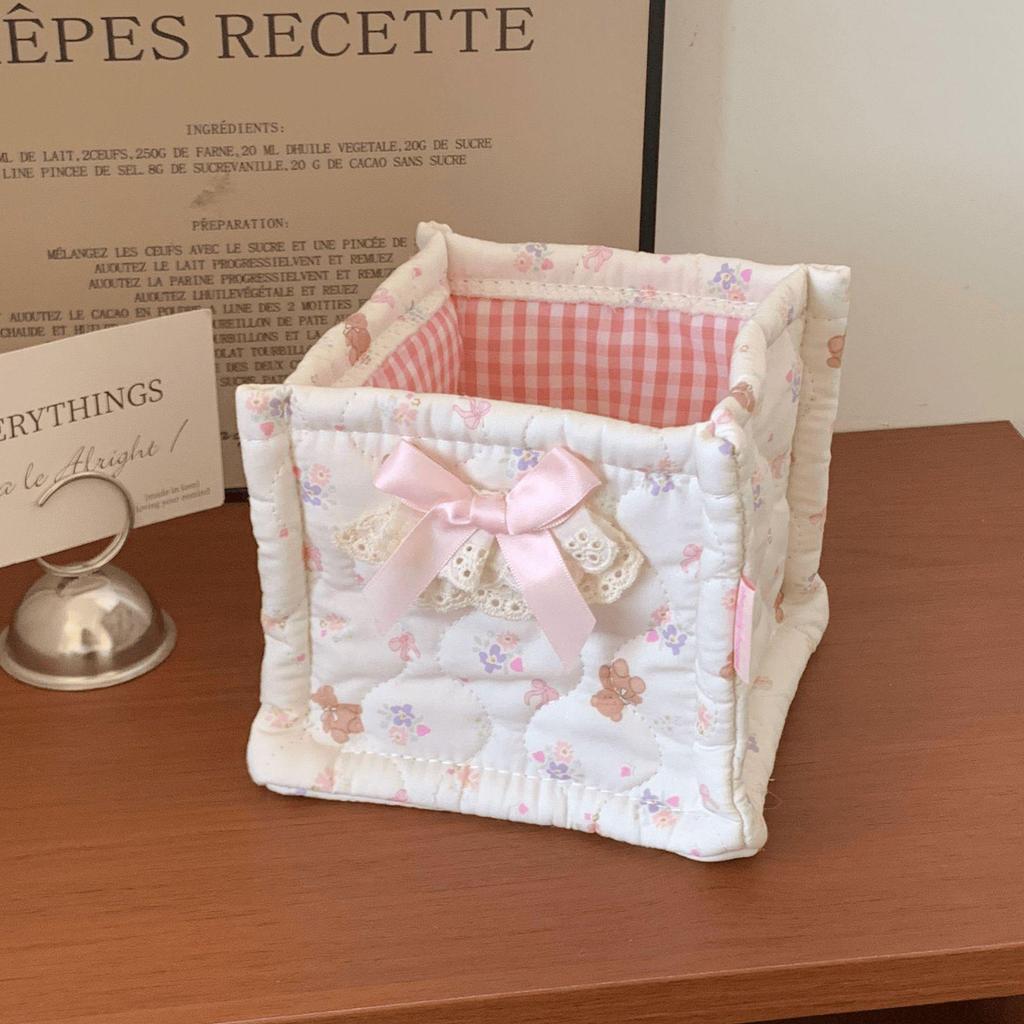 Korean Pink Plaid Quilted Storage Basket - Aesthetic Living Room & Bedside Organizer