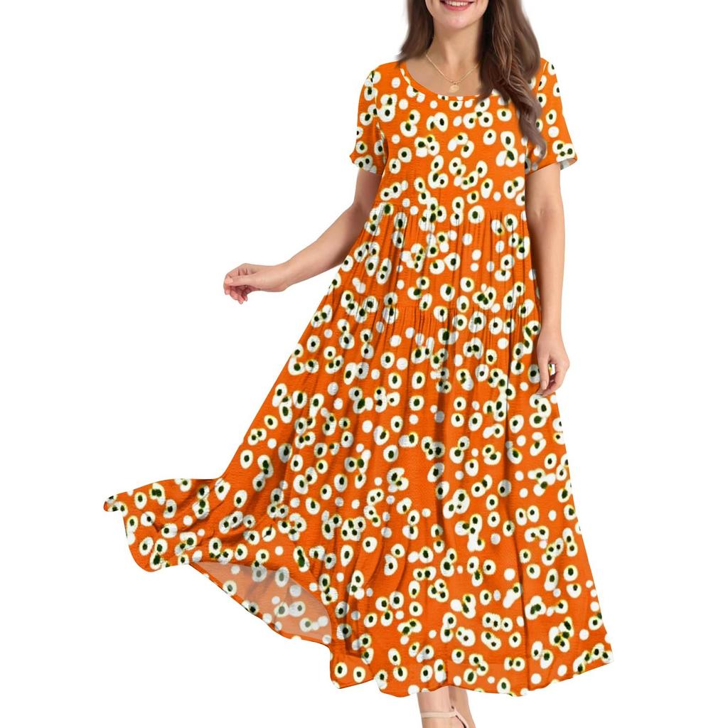 Damen Sommer Rundhals Kurzarm Geblümtes Boho Lockeres Kleid