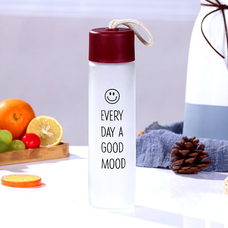 Frosted Smiley Glass Tea Cup Portable Gift Water Cup Rope Handy Cup Comes with Twine Cup