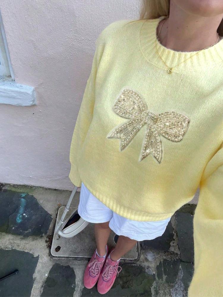 2025 Trendy Versatile Shiny Pearl Bow Slimming Pullover Sweater for Women