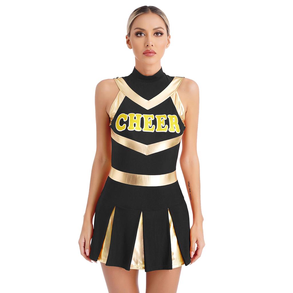 Womens Sparkling Cheerleader Dress Sleeveless Pleated Print Design Youthful Schoolgirl Uniform Halloween Costume