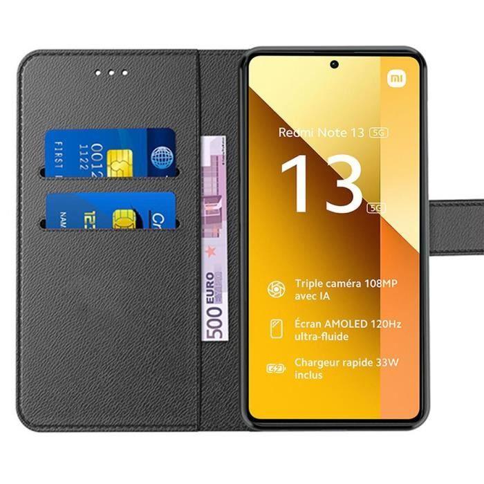 Coque pour Xiaomi Redmi Note 13 5G - Antichoc - Cuir PU - Poche à Cartes - Support - Noir