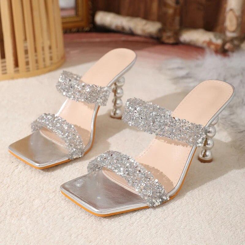 

Eilyken, женские шлепанцы на тонком высоком каблуке с блестками, летние прозрачные шлепанцы с открытым носком, женские туфли-лодочки для зачистки