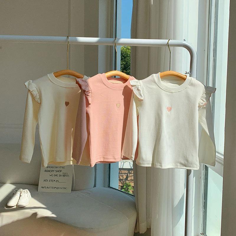 Spring and Autumn Girls'  Cotton Base Shirt Love Embroidered Long Sleeve T-Shirt Clothes