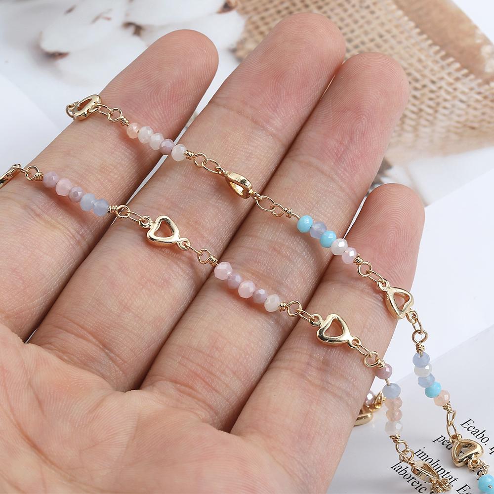 1meter Crystal Beads Chain KC Gold Color Love Heart Beaded Copper Chains for Necklace Bracelet Jewelry Making DIY Components