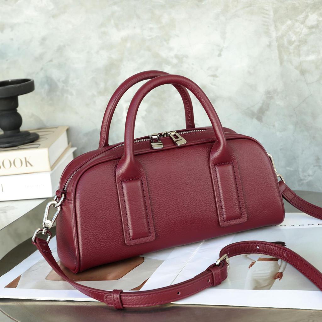 Women's Lightweight Genuine Leather Boston Pillow Bag - Luxury Retro Bowling Handbag & Casual Crossbody