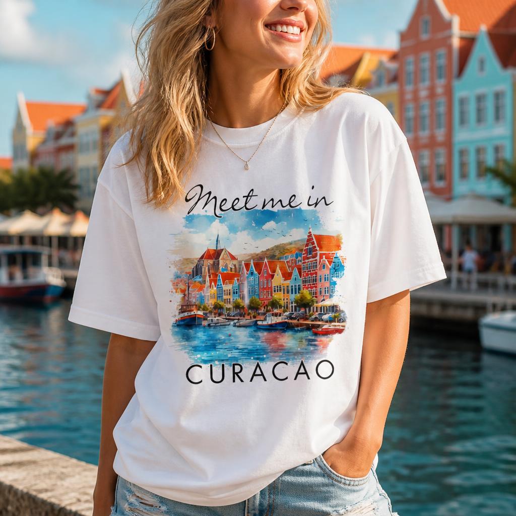 Caribbean Islands Travel Trip Meet Me In Curacao T Shirts Pure Cotton Classic Tshirt Short Sleeve Tees Clothing Unisex