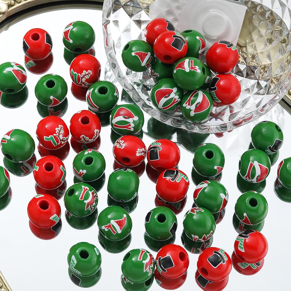5/10Pcs Wooden Round Printed Beads Christmas Spacer Bead for DIY Bracelet Necklace Earrings Jewelry Making Accessories 16mm