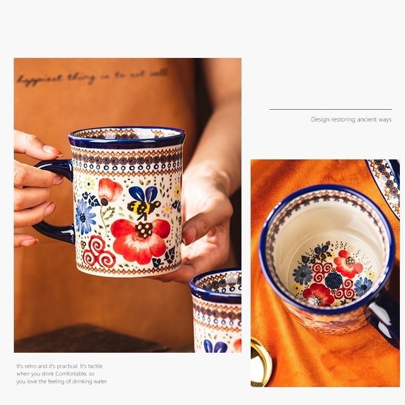 Bohemian Floral Ceramic Mug, Vintage Style Red Blue Flower Coffee Cup for Home & Gift