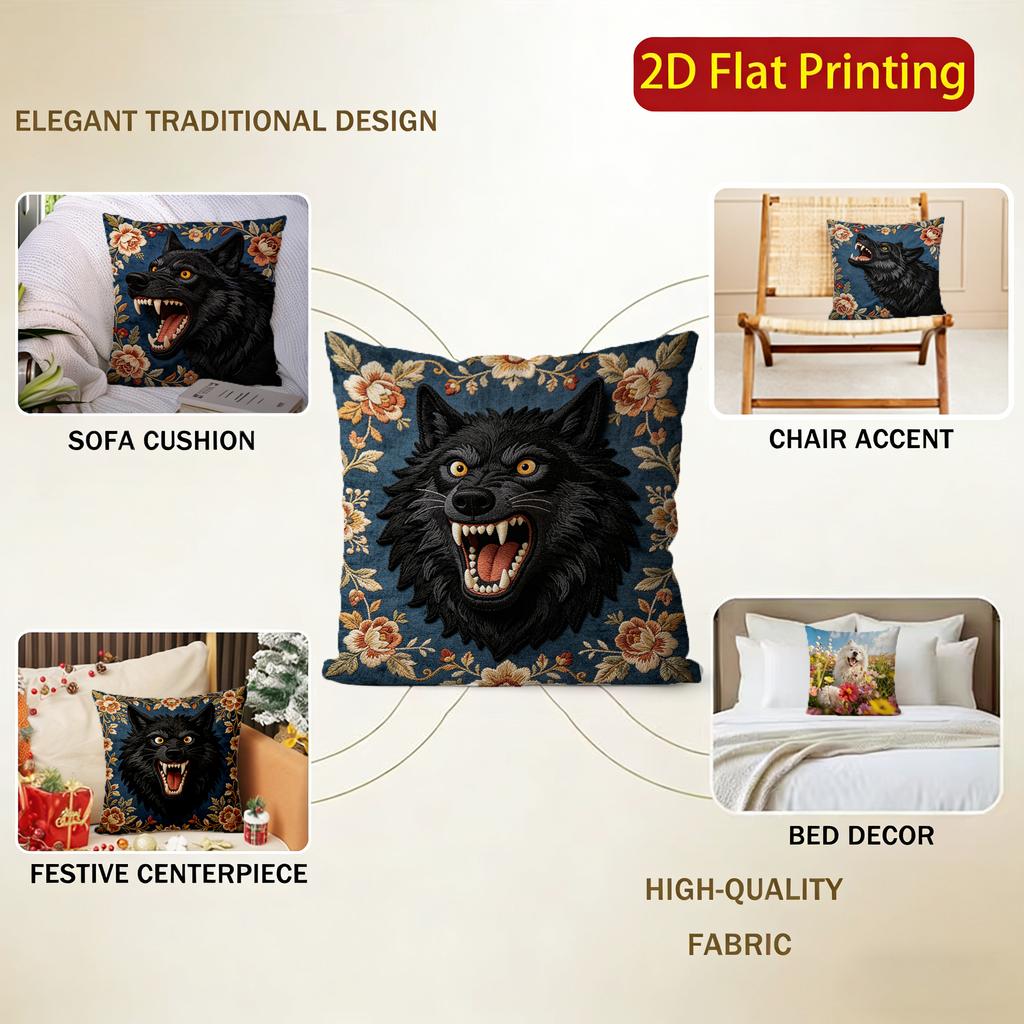 Vintage Floral Roaring Black Wolf Throw Pillow Covers Pattern Cushion Cover Suitable for Sofa Bedroom Car Pillow Cover