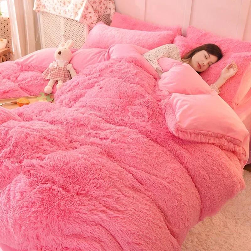 

Solid Color Fluffy Long Plush Winter Bedding Set with Throw Pillow Queen Size Thick Warm Duvet Cover Set Soft Double Bed Sets AU Single Size 5 pcs