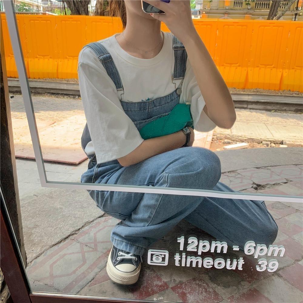 Women's Adjustable Strap Loose Wide Leg Denim Overalls Vintage No Stretch Long Bib Pants Casual Spring Summer Jumpsuit