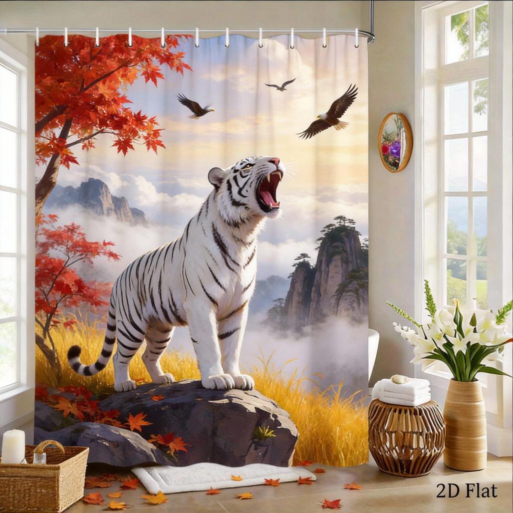 Bengal Tiger Shower Curtain Mountain Landscape Print with Flowers Polyester Bath Curtain with Hooks for Nature Decor