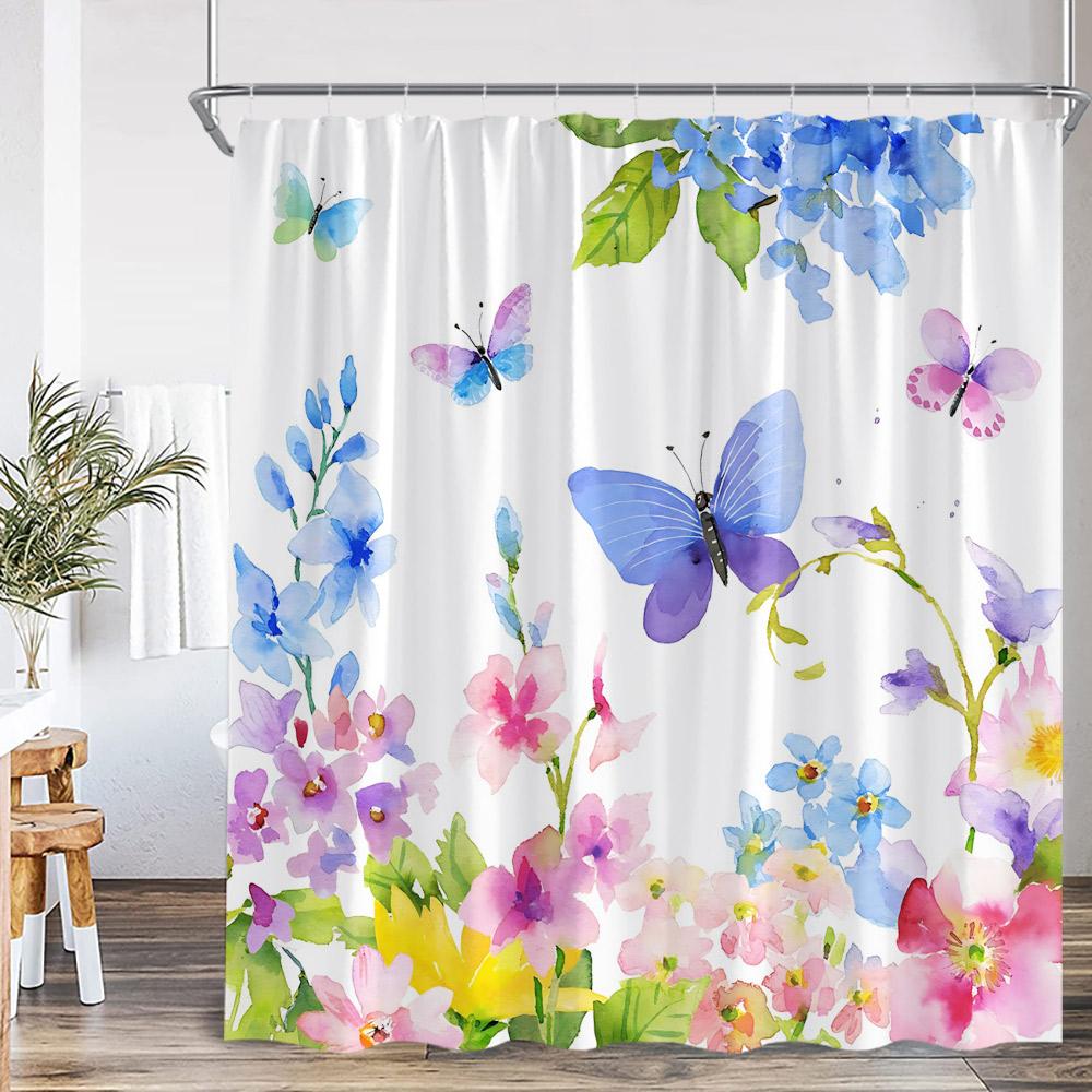 Butterfly Shower Curtains Multicolored Flowers Pastoral Floral Bathroom Decorations Rustic Polyester Bath Curtains with Hooks