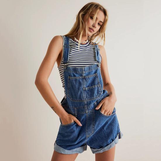 Women Suspender Jeans Denim Shorts Square Neck V-shaped Back Loose Pockets Adjustable Shoulder
