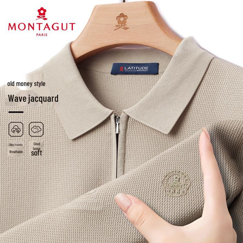 MONTAGUT Men's Short Sleeve Wave Jacquard Zipper Polo
