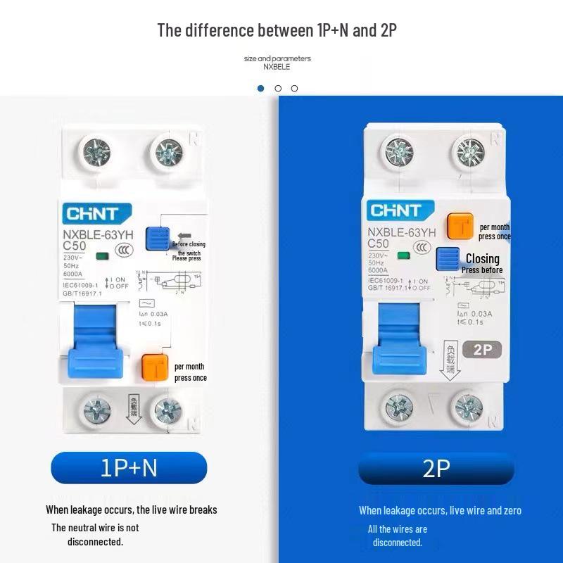 CHINT NXBLE-63YH 40A/63A Residual Current Circuit Breaker, 1P+N, 2P Dual Position Air Switch for Household Use.