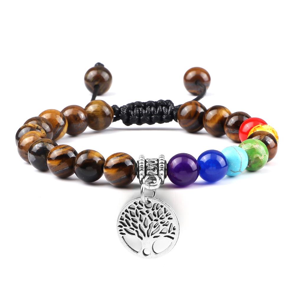 Tree of Life Pendant Woven Bracelet with Tiger Eye Matte Stone Beads - European & American Fashion