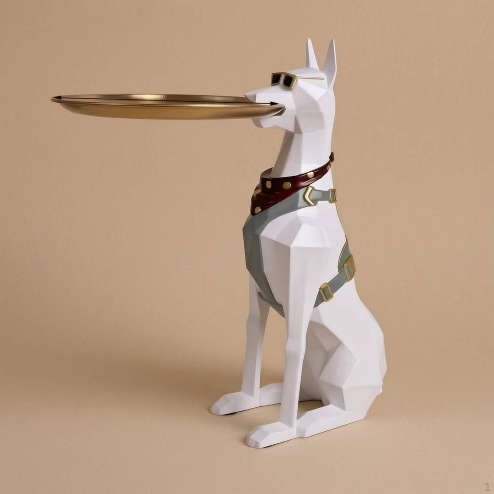 Doberman Tray Holder Faceted Resin Dog Table Toned Accents Geometric Sculpture White 29.5CM