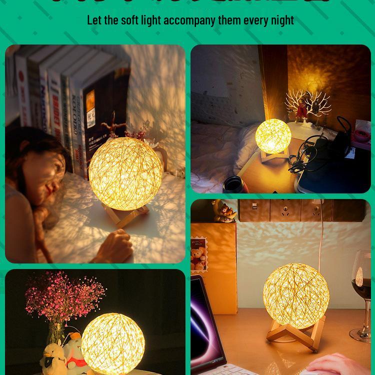 Kreative Rattan-Kugel-Tischlampe: Schlafzimmer Nachttischlampe mit Sternenhimmel-Projektion für Kinder oder Mädchen