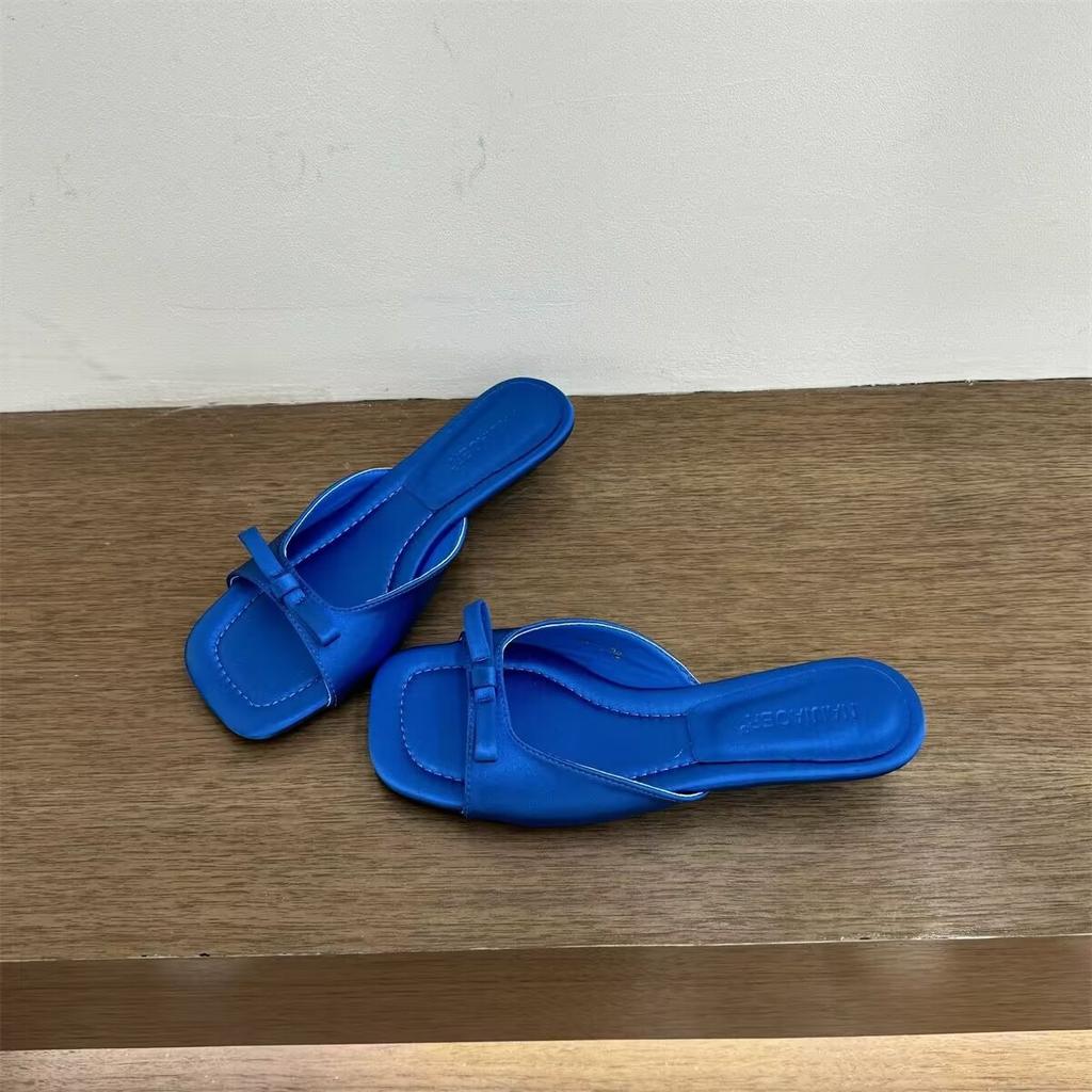 Fashion Silver Satin Flat Slides | Square - Toe Bow - Decorated Casual Daily Shoes