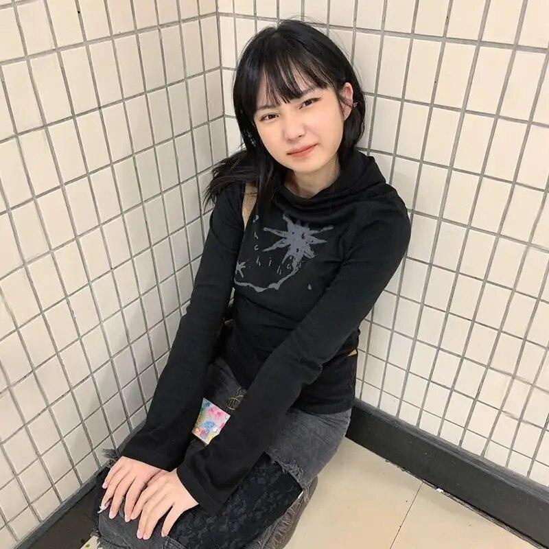 

2KWEIRD Japanese Y2k Hooded T-shirt Grunge Aesthetics Green Long Sleeve Tee Shirt Vintage Harajuku Hooded Tops 2000s Streetwear XL