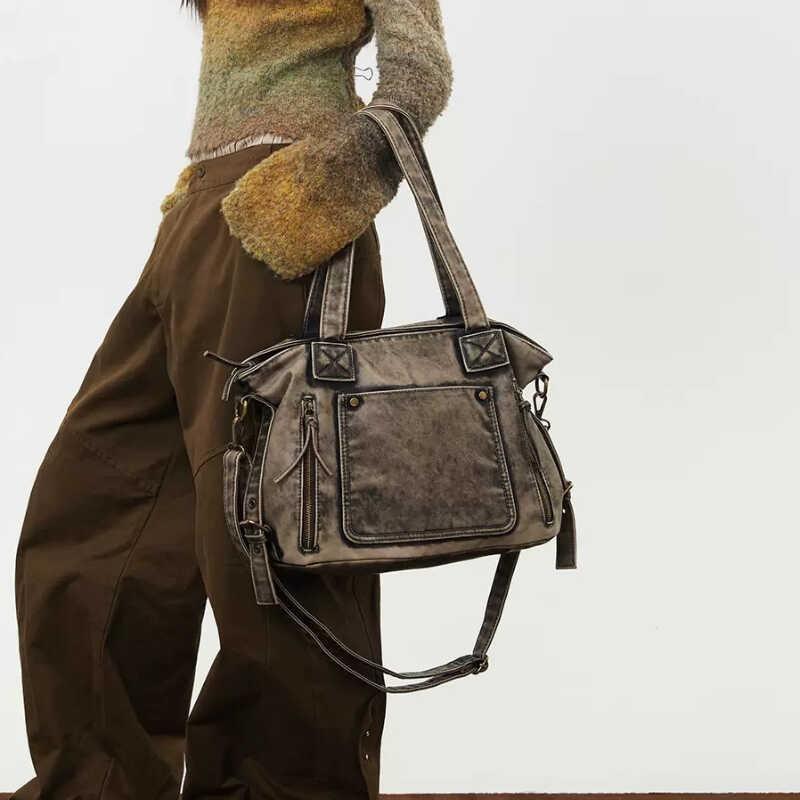 French Maillard Vintage Washed Spice Girl Locomotive Bag Large Capacity Wasteland Wind Shoulder Bag