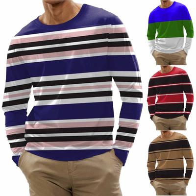 Men's Fashion Casual Stripe Printed Long Sleeve O-Neck Shirts Tops Blouse