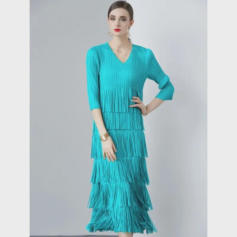 Miyake 2024 V-Neck Long-Sleeved Tassel Pleated Dress