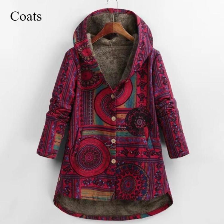 Winter Warm Damen Nationalstil Retro Langer Bedruckter Hoodie Mantel Große Größe Schlankes Temperament Oberbekleidung