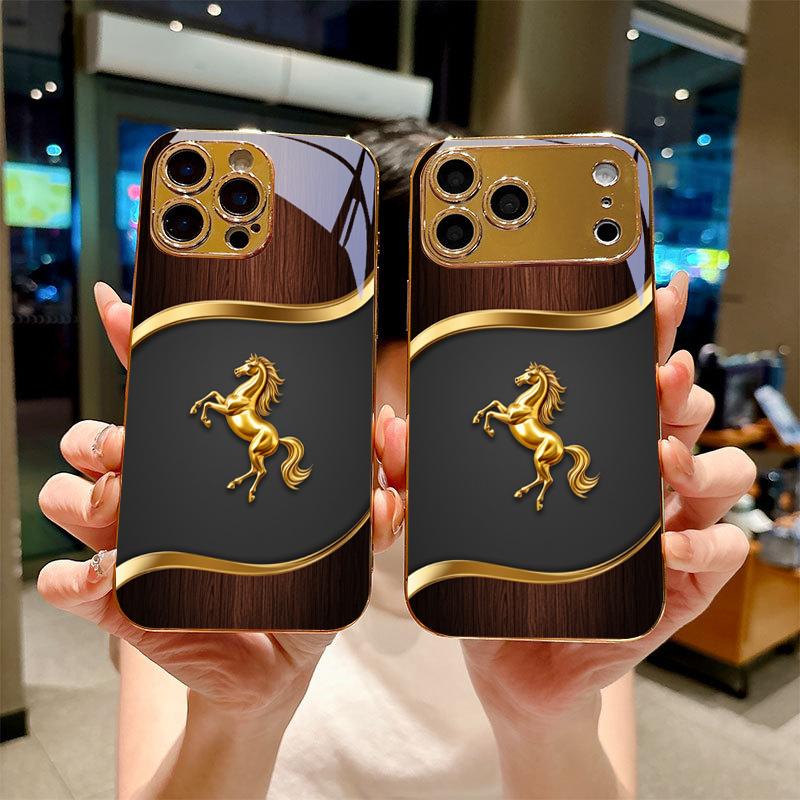Stallion Emblem Electroplated Golden Phone Case For iPhone 17Air 17 16 15 14 13 12 11 Pro Max Plus 16E XR 7 8 Xs X Glass Cover