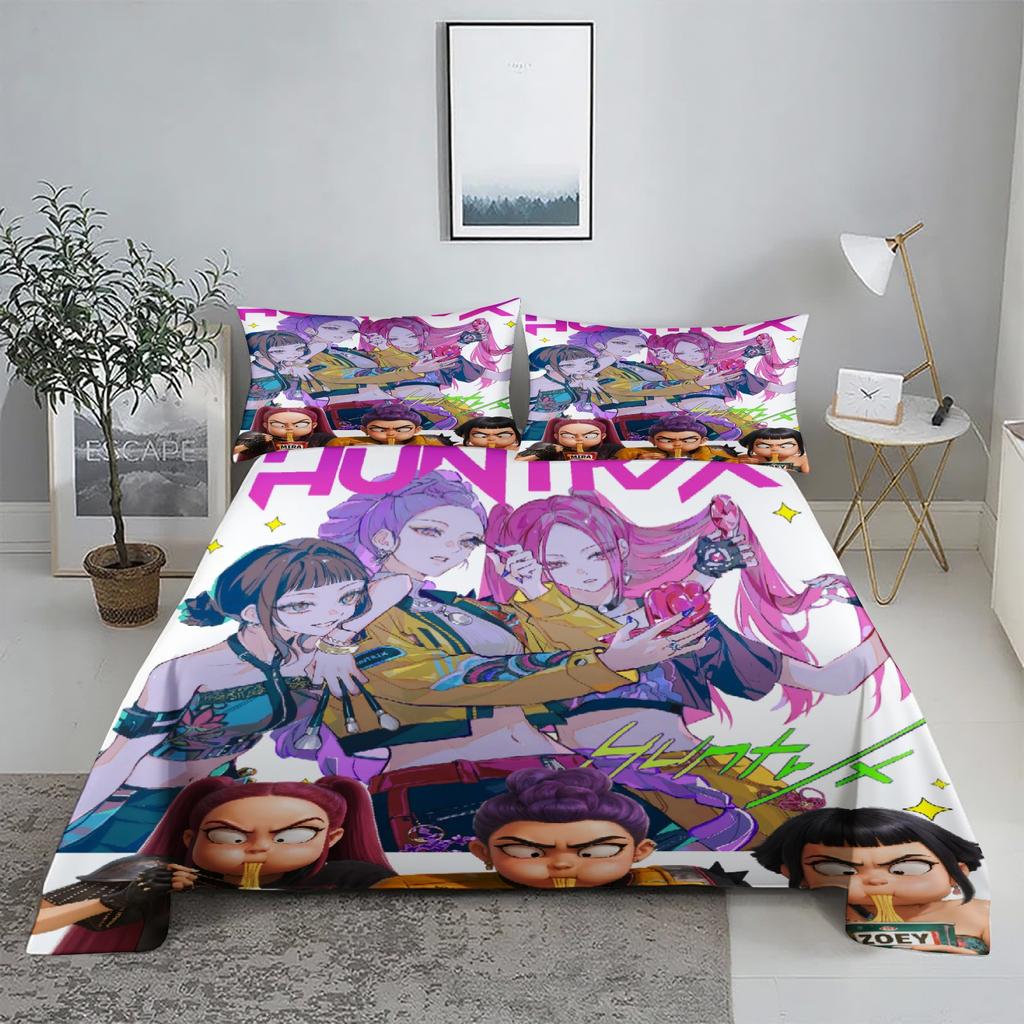 Golden Demon Hunters K-pop Bed Sheet Set 3D Printed Bed Flat Sheet With Pillowcase Bed Linen King Queen Size