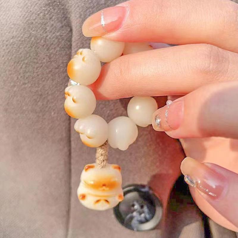 Women's Natural White Jade Charcoal-Grilled Bodhi Root Cat Paw Bracelet with Finger-Wrapped Prayer Beads