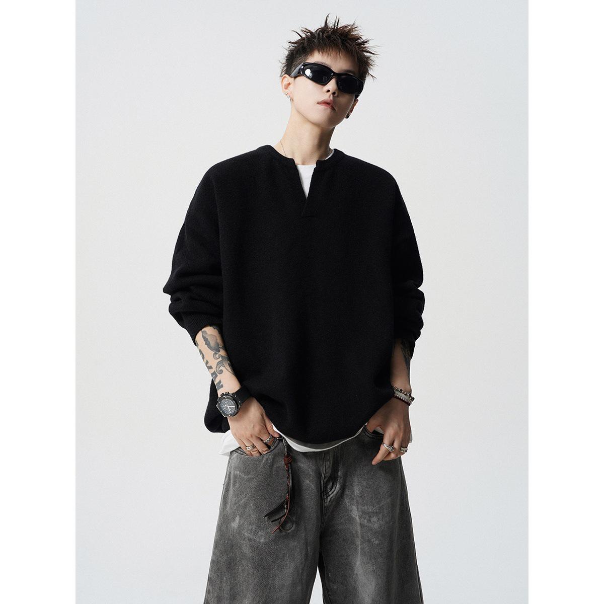 Унисекс Корейский Вязаный Свитер с V-образным вырезом, Осенний Стиль Улиц, Ретро Молодежный Тренд. M чёрный