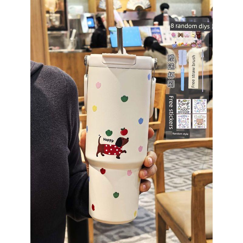 Large-Capacity Thermos Cup for Girls, Good-Looking Design with Handle, 2024 New Model, Straw Water Cup, Portable Dual-Drink Cup for Students