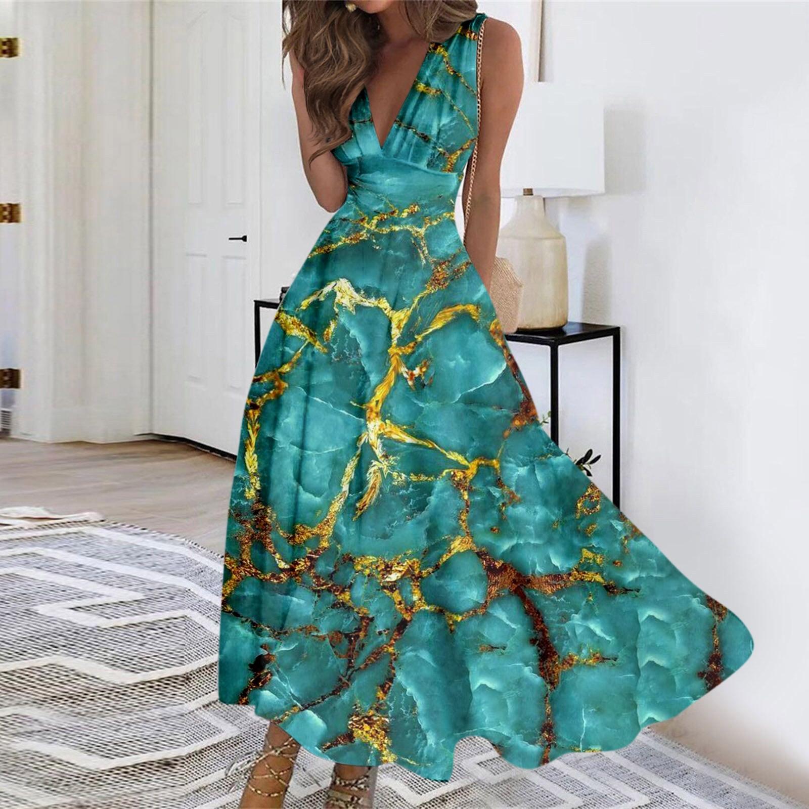 

Женское длинное платье Платье макси Повседневное платье Летнее повседневное платье без рукавов с V-образным вырезом в стиле бохо и талией с принтом S зелёный