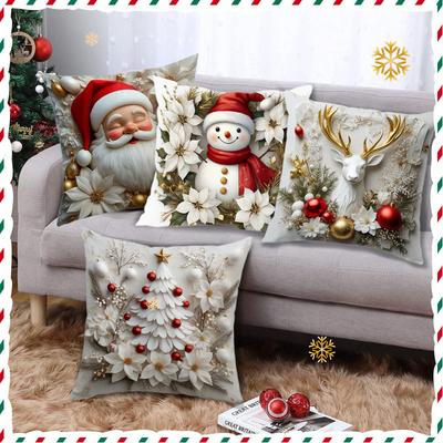 Funda de Almohada Navideña Árbol de Navidad Reno Muñeco de Nieve Decoración Ambiente de Sofá Almohada Decorativa de Lino