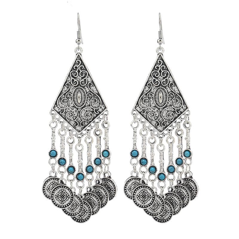 Retro Exotic Ancient Silver Coins Tassel Earrings Women's Long Personalized Earrings Niche Earrings