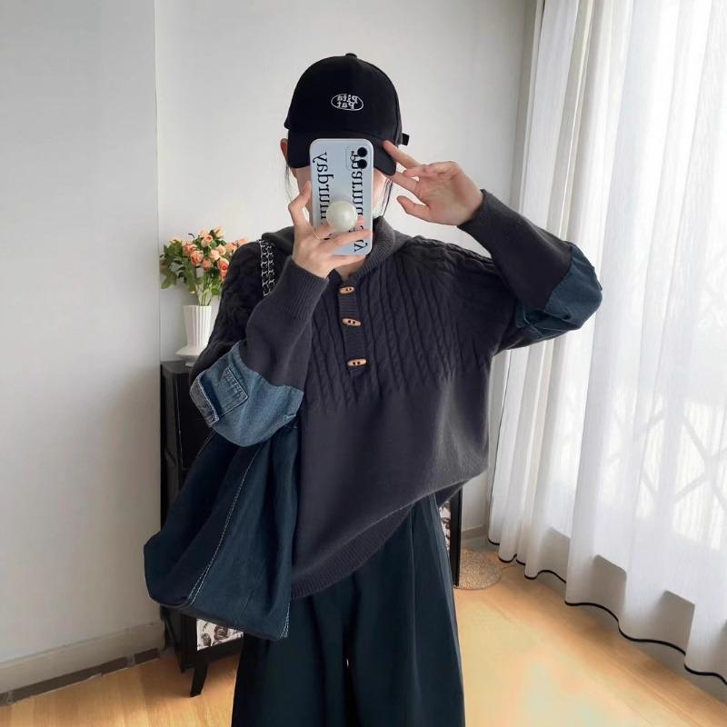 Retro hooded twist splicing denim knitted sweater top autumn new loose design sweater pullover woman