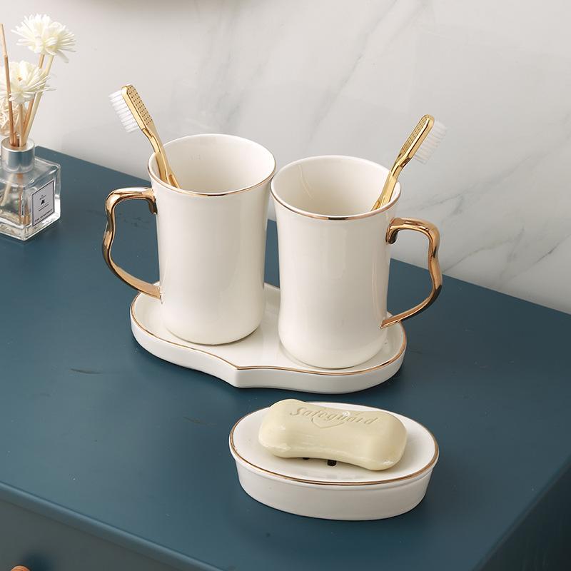 Ceramic Bathroom Set White Tooth Brushing Cup Draining Soap Box Household Shampoo Bottle Washing Six-piece Bathroom Accessories