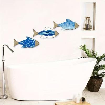 3 Stück Vintage Strandwanddeko Nautische Holzfisch-Wandkunst Küstenthema Blaue Fisch-Wandskulptur Seehaus Meeresornamente für Badezimmer Schlafzimmer