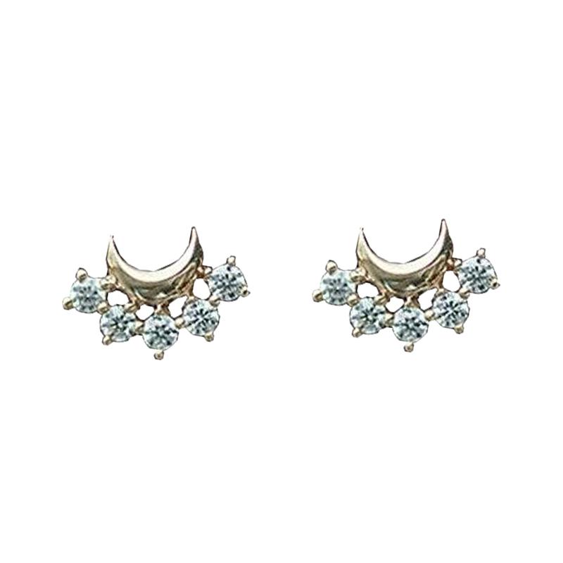 925 Sterling Silver Plating 14K Gold Plating Crystal Moon Stud Earrings Women Cute Jewelry