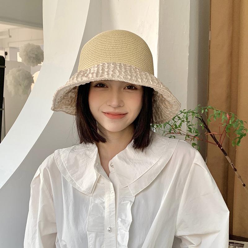 Spring and Summer Pleated Bow Sun Hat Children's Fashion Versatile Splicing Straw Hat Sun Protection Sun Bucket Hat