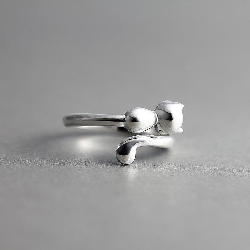 925 Silver Jewelry Individuality Fashion Aesthetic Accessories Female Small Fresh Cat Opening Rings R148