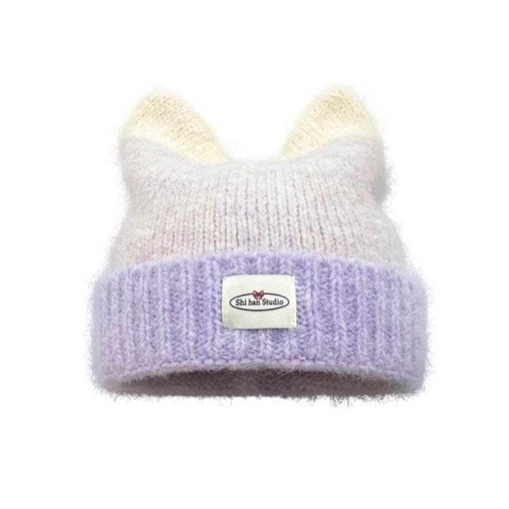 New Gradual Change Color Knitted Hat Yarn Warm Winter Hat Cat Ears Shape Cute Beanie Hat Women