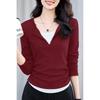 Fake Two-piece Design Spliced  T-shirt for Women Autumn Inner Long-sleeved Top