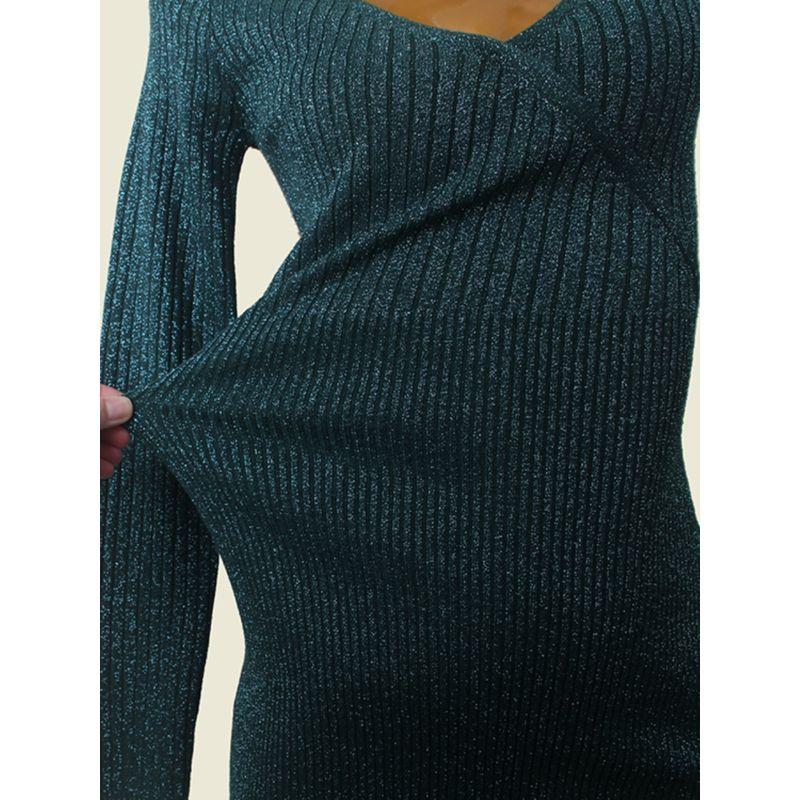 Export V Neck Long Sleeves Knitting Dress Women's Autumn 2024 Silver Silk Silm Waist-Tight Package Hip Sweater Dress