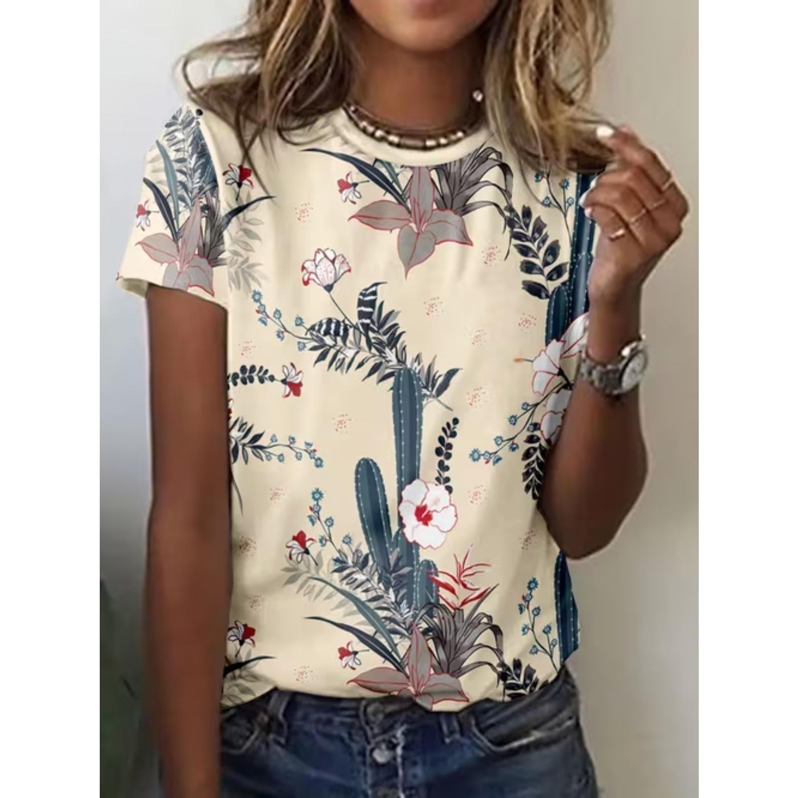 

Fashion Women Retro Flowers Patterns Print T Shirt Funny Casual O-neck Short Sleeves T-shirt Summer Female Tee Shirt 8XL античний білий колір