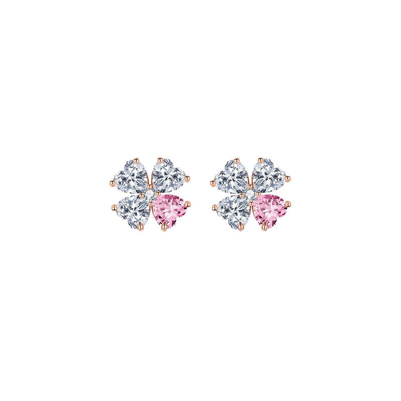 Fresh and Sweet Four-leaf Clover Pink Zircon Stud Earrings Women's Niche Design Light Luxury Earrings