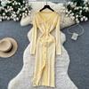 New Woman Dresses Autumn Winter Vintage Patchwork Knitted Midi Dress Elegant V-neck Lady Ruffled Shirt Sweater Dress